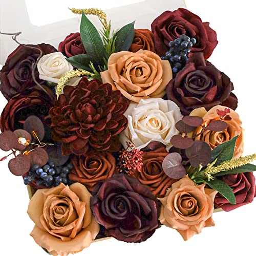 Lookein Artificial Flowers for DIY Wedding Decoration Bridal Bouquet Table Centerpieces Flower Garland Wreaths Aisle Arch Flower Decoration Home Decor, Sunset Burnt Orange - color: Moody Burgundy&amber