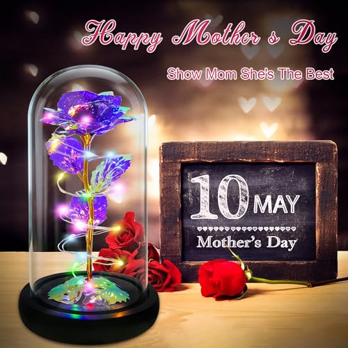 Childom Mothers Day Mom Gifts for Mom,Birthday Gifts for Women Grandma,Flowers for Delivery Prime,Colorful Purple Light Up Rose in A Glass Dome,Anniversary Valentines Roses Gift for Her Wife Daughter - color: Purple Colorful Large
