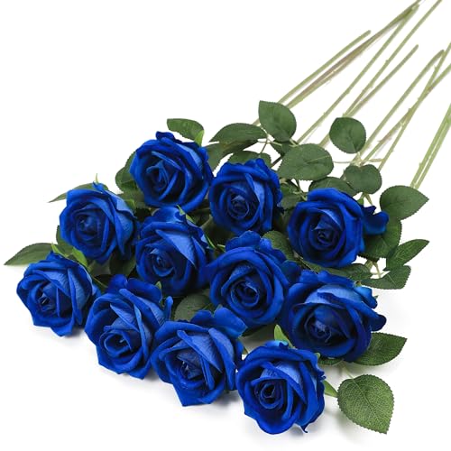 Hawesome Fake Roses Artificial Silk Flowers - 12 Pcs Blue Roses Artificial Faux Flowers with Stems for Home Wedding Centerpiece Hotel Office Decor - color: Blue