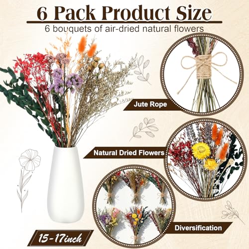 6 Bunches Large Size Dried Flower Bouquet 15 -17 Inch Natural Various Dried Flower Combinations with Wildflowers Dry Rose Lavender Forget Me Not Babys Breath for Vase Boho Wedding Farmhour Home Decor