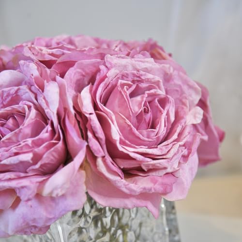 Artificial Rose in Glass Vase Vintage Silk Flower Arrangement with LED Light for Table Centerpiece Home Wedding Decoration (Purple) - color: Purple