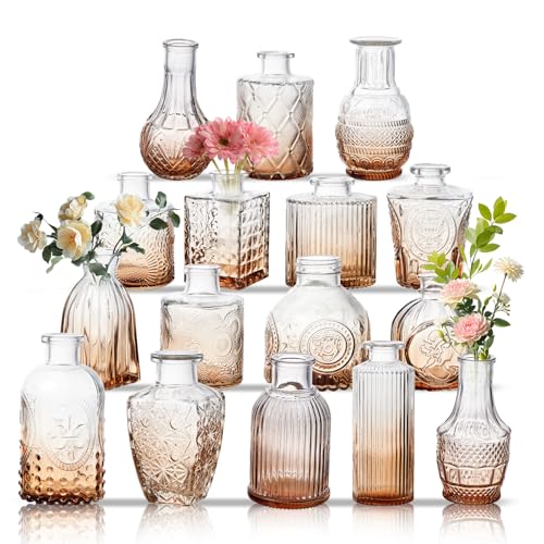 Glass Bud Vase Set of 16, Small Flower Vases, Glass Vases for Centerpieces, Vintage Home Table Decorations Bud Vases (16 Pcs, Amber) - color: Amber, size: 16 Pcs