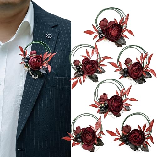 Burgundy Boutonniere Set, Groomsmen & Groom Boutonnieres for Wedding, Anniversary & Formal Events (6 Pack) - color: Burgundy Wreath, size: set of 6