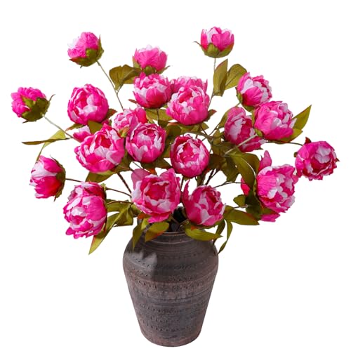 ucky 6 Pcs Fuchsi Artificial Peonies Silk Flowers, 27.6" Long Stem Fake Peonies with Wood-Textured Bendable Branch, Life-like Texture Large Peony Blooms for Tall Floor Vase, Wedding, Home Office Decor - color: Cjy Fuchsi