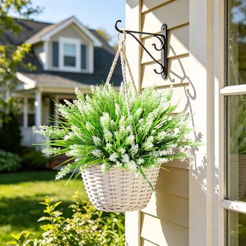 AmyHomie Artificial Plants & Flowers for Outdoors – 16 Bundles White Fake Lavender Flowers & Monkey Grass, UV Resistant Faux Greenery for Patio, Porch, Planter, Garden and Window Decor - color: Lavender White, size: 16