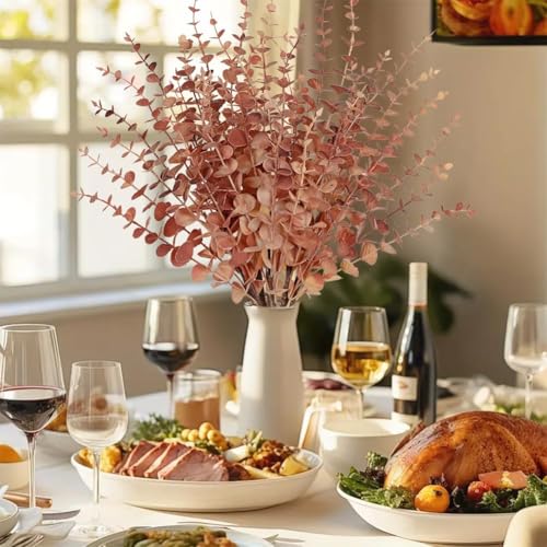 GnFlus 5 Pcs Artificial Eucalyptus Stems Fall Eucalyptus Leaves Autumn Leaf Branches Fall Decorations with Foam Fall Leaves for Home Floral Arrangement Autumn Festival Thanksgiving Decor Red - color: Orange Red