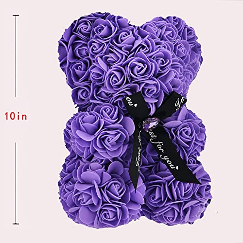 Lgv Flower Rose Bear,Romantic Gift for Valentine's Mother's Day, Christmas, Birthday,Girl Friend Her Mom Female Wife with Artificial Heart-Shaped Diamonds Purple - color: Purple