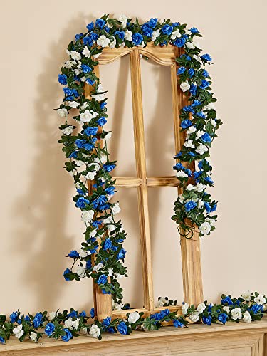 PARTY JOY 8pcs 65.6Ft Flower Garland, Fake Rose Vine Artificial Flowers Hanging Rose Ivy Garland for Room Wall Decor Hanging Baskets Wedding Arch Garden Background Decor - color: 8pc-blue-white, size: 8PC