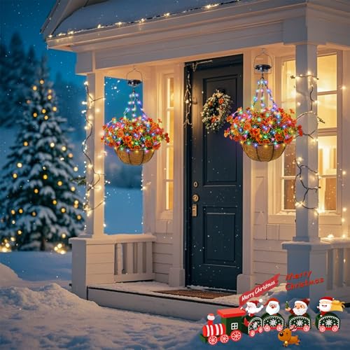Solar Artificial Hanging Basket: Lighted Fake Flower Basket with Colorful Lights 2 Lighting Modes for Porch - 10 Inch Light Up Fall Hanging Baskets with Orange Faux Flowers for Garden Patio House - size: 10inch, style: round - orange