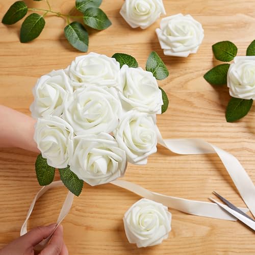 16 Pcs Fake Roses White Artificial Flowers | Foam Roses with Stems, White Foam Flowers for DIY Wedding Bouquets, Centerpieces, Party, Home Decor - color: Milky White