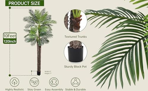 Artificial Triple Phoenix Palm Tree 10ft with 36 Leaves Realistic Tropical Coconut Areca Sago Palm Tall Large Faux Plant 106 Inch Black Pot for Indoor Home Office Porch Mall School Decor - size: 10ft
