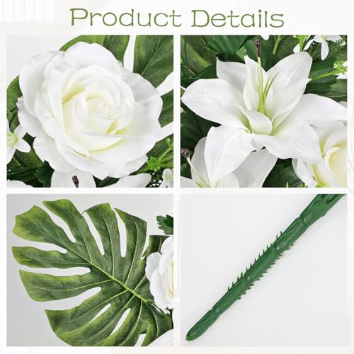 Briful 2 Set Artificial Cemetery Flowers for Grave, Silk Sympathy Grave Flowers Bouquet Fake Roses Lily Floral Arrangement for Outdoor Funeral Graveyard Headstones Vase Memorial Decor(White) - color: White