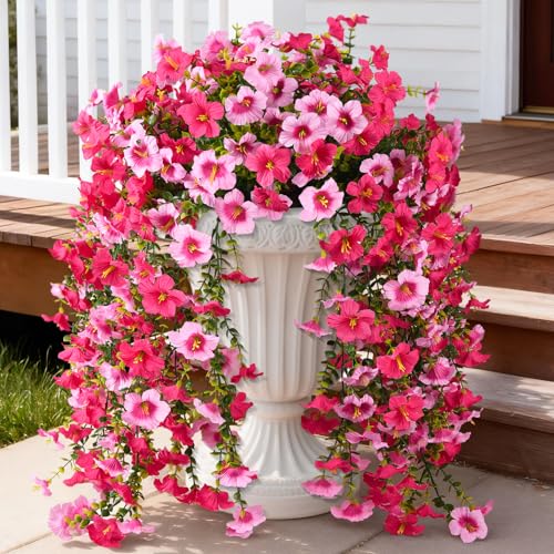 Artificial Hanging Flowers Plants for Outdoor Spring Summer Decoration, 2PCS Faux Silk Morning glory UV Resistant Look Real for Outside Home Indoor Planter Porch Garden Yard Decor(Rose Red Pink) - color: Rose Red Pink