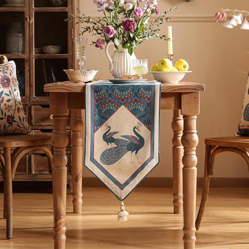 bilin gaier Linen Blue Table Runner 118 Inches Long,Vintage Rustic Farmhouse Bird and Flower Table Runners,Fall Table Decor for Christmas Thanksgiving Living Room Kitchen.12 x118-DorodangoA - color: Dorodangoa, size: 12"*118"
