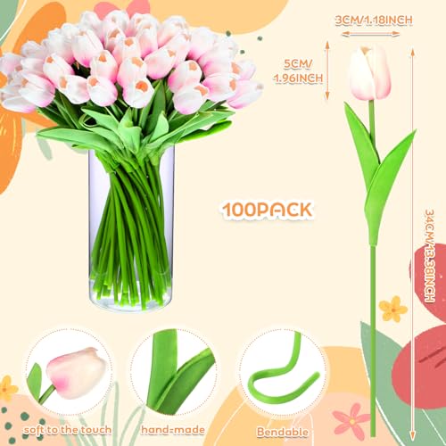 Jexine 100 Pcs Artificial Real Tulips Fake Artificial Tulip Flower Bulk Bouquet with Stem for Table Centerpieces Wedding Bridal Easter Mother's Day Garden Home Decor, 13.4''(Light Pink) - color: Light Pink
