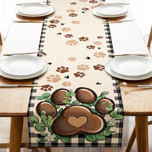 Cat Dog Paw Prints Table Runner, Buffalo Plaid Check Farmhouse Kitchen Dining Table Decoration Pet Lover Gifts, Eucalyptus Leaves Burlap Indoor Outdoor Home Decor Party Supply 13 x 72 Inches - color: Paw, size: Table Runner 13''X72''
