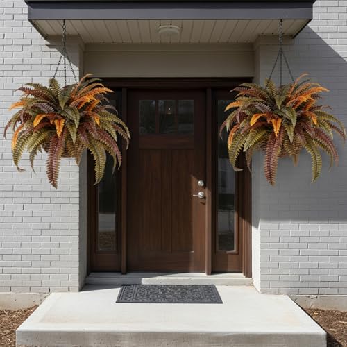 KOL Artificial Boston Ferns, Fake Faux Fern Plants 45 Inch 2 Pack, Rust Autumn Color with Bendable Stems for Floor Display, Indoor Outdoor Home Decor, UV Resiatant - color: Autumn Rust Color
