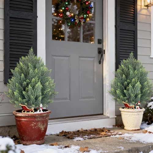 32inch Artificial Topiary Tree Set of 2 Beautiful Realistic Faux Cedar Pines Christmas Trees UV Rated Fake Shrubs for Front Porch Faux Plants Indoor and Outdoor Decor - color: Cedar-tower