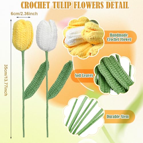 Shihanee 10 Pcs Tulip Crochet Flowers Bouquet Handmade Knitted Flower Decor Birthday Gifts for Women Grandma Spring Home Vase Centerpiece, 13.7", Vase Not Inchluded(Yellow, White) - color: Yellow, White