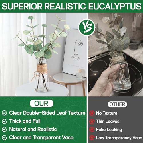 Artificial Eucalyptus Stems in Glass Vase with Faux Water, 15" Realistic Fake Plants for Bathroom Counter Decor, Small Faux Greenery for Coffee Table Centerpieces, Office Desk and Shelf Decor - color: Double-sided Green Eucalyptus