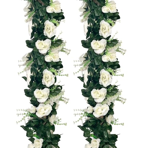 4Pcs 28Ft White Rose Garland, Fake Flower Vines, Artificial Vine Flowers, Rose Hanging Garland for Party Wedding, Garden, Room Table, Christmas, Backdrop Wall Arch Decor - color: White, size: 4Pcs 28Ft