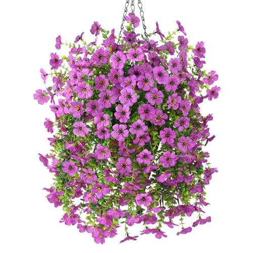 INQCMY Artificial Hanging Flowers with Basket for Spring Outdoor Decoration 3 Bunches of Silk Daisy Flower Uv Resistant for Garden Porch Patio Balcony Yard Decor (Purple2) - color: Purple2