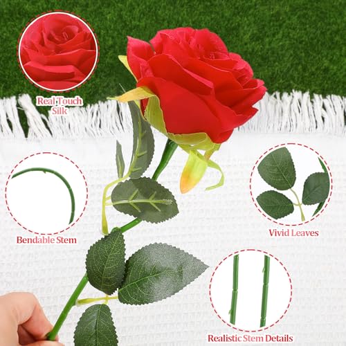32 Pcs Red Artificial Flowers Roses Fake, Silk Flowers with Stems for DIY Wedding Gothic Bridal Shower Centerpieces Arrangements Tables Decorations - color: Red