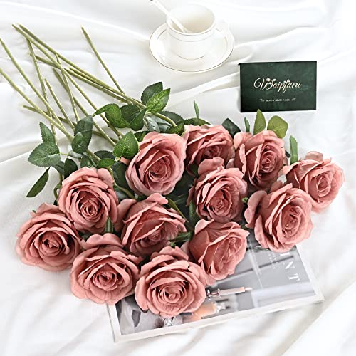 Waipfaru 16 Pcs Artificial Flowers Fake Silk Dusty Roses, Faux Real Touch Roses Bouquet with Long Stem for Wedding Party Home Decor (Dusty Rose) - color: B-dusty Rose, size: 16 Pcs