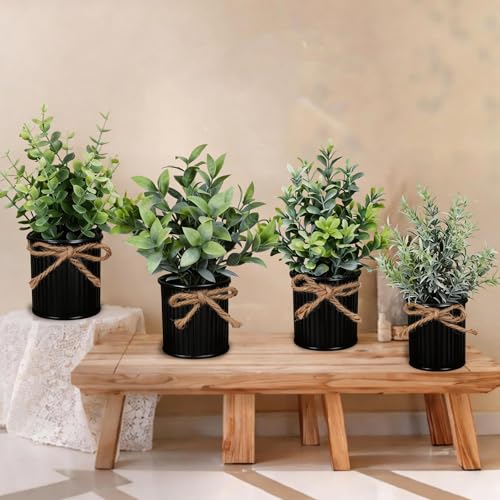 Yoratee 4 Potted Artificial Plants Metal Fake Potted Plant with Iron Pot Mini Greenery Decor Small Faux Plants for Indoor Farmhouse Home Porch Garden Bathroom Room Décor Black - color: Black