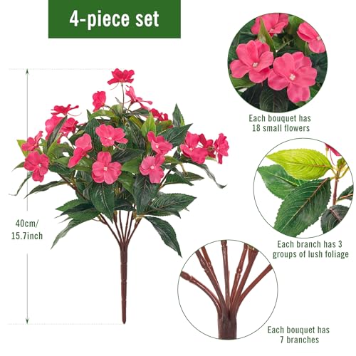 Fake Flowers Artificial Flowers for Outdoor，Artificial Impatiens Bouquet Flowers for Outdoors，Spring Flowers Artificial Impatiens Outdoor Silk Fake Flowers Indoor Decor 4PCS (Rose Red) - color: Rose Red-4