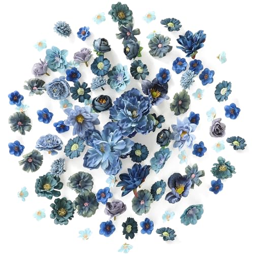 Floroom Mini Artificial Flower Heads Dusty & Navy Blue Fake Peony Daisy Rose Multicolor Small Faux Silk Flower Heads for Cake Craft Garland Wedding Party Graduation Cap DIY Home Decoration, 0.8"-3.6" - color: Dusty Ocean Blue