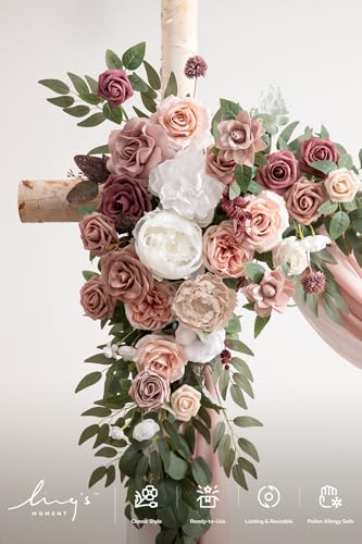 Ling's moment Pink Mauve Artificial Wedding Arch Flowers Kit Pack of 4, 2pcs Hanging Flower Arrangement 2pcs Chiffon Drapes Spring Ceremony Reception Fake Rose Arbor Backdrop Floral Outdoor Decor - color: Pk-dusty Rose Mauve