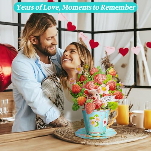 Airpark Pop Up Flower Bouquet Card for Women, 3D Floral Greeting Card with Envelope and Note, Birthday Thank You Thinking of You Get Well Gift for Mom Friend Wife Teacher, Strawberry - style: Strawberries