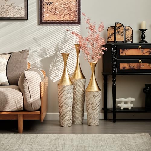 White Golden Floor Vase - Set of 3 Modern Extra Big Tall Vases (35.4/31.5/27.5in) with Minimalist Ribbed Design, Perfect for Pampas Grass, Living Room, Dining Room, Hallway & Office Decor - color: Floor Vases Champagne