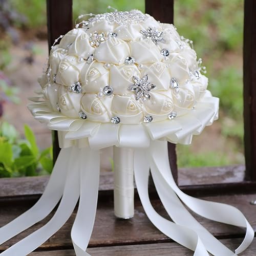Wedding Bouquets for Bride Bridesmaid Brooch Bouquet Handmade Artificial Flower Tossing Bouquet for Wedding Ceremony Anniversary(ivory-18CM) - color: Ivory, size: 7.1 inches