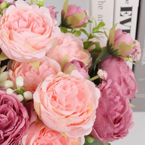 Artificial Peonies Silk Flowers, Pink Faux Peony Bouquet 2 Bundles Florals Arrangements Decor for Farmhouse Home Boho Wedding Table Centerpiece, Fake Plastic Flower Bulk for Vase Decoration (Mix Pink) - color: New Mix Pink, size: 2PCS