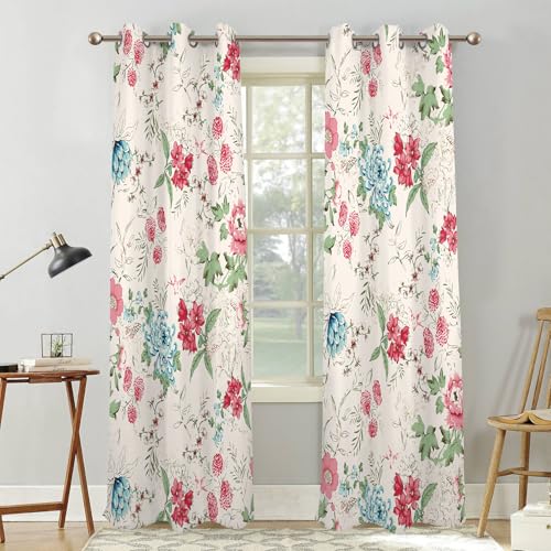 Renaiss Boho Flower Blackout Curtains Wild Blue Pink Floral Thermal Insulated Window Drapes for Bedroom 29W x 45L inches 2 Panel Set Beige Window Curtain Panels for Kitchen - color: Floral & Leaf, size: 29"W x 45"L (Pack of 2)