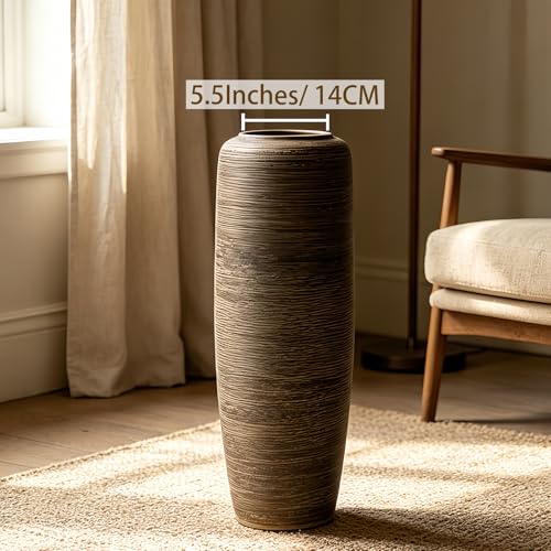 23.6 Inch Rustic Ceramic Large Floor Vase, Ribbed Textured Rustic Farmhouse Vase for Pampas Grass, Living Room & Entryway Décor, Handmade Ceramic Accent - size: 23.6 Inch
