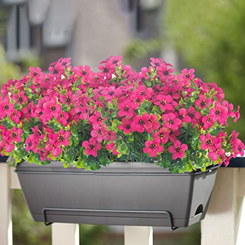 Grunyia 10 Bundles Artificial Flowers Outdoor UV Resistant Fake Flowers No Fade Faux Plants Garden Porch Window Box Decorating (Rose Red) - color: Rose Red