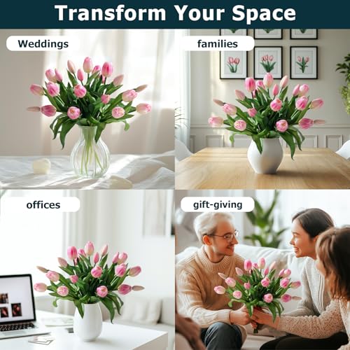 Bailikang 20PCS Fake Tulips Artificial Tulip Silk Flowers Fake PU Bouquet Artificial Flowers Faux Flowers with Gift Box Soft Faux Tulips Bouquets Arrangements for Party Wedding Home - color: Pink+light Pink