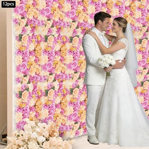 12Pcs Artificial Flower Wall Panel 3D Floral Backdrop Walls 15" X 15" Flower Wall Decor Flower Backdrop Faux Rose Panel for Party Home Background-Champagne, Purple - color: Champagne, Purple, Red