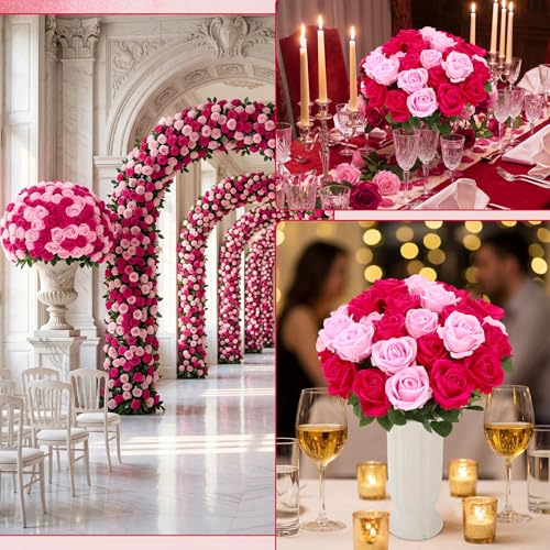 90 Pcs Hot Pink, Pink Velvet Rose Artificial Flowers with Long Stems, Fake Silk Roses Real Touch Fake Roses Florals for Birthday Wedding Bouquet Party Arrangement Decorations - color: Hot Pink, Pink