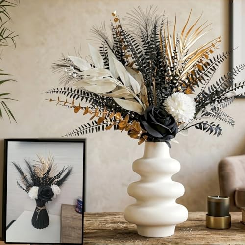 Gothic Artificial Flower Bouquet, 17-Inch Black Roses With Gold Metallic Fern Leaves, 13pcs of Faux Flower Arrangements, Church Wedding Centerpieces, Home Decoration, Halloween (Vase Not Included) - color: Gothic Black Gold - 1