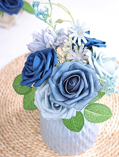 25pcs Artificial Flower，Real Looking Foam Roses w/Stem for DIY Wedding Bouquets Centerpieces Bridal Shower Party Decor-Shades of Navy Blue - color: Shades of Navy Blue