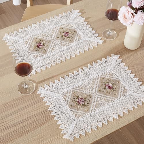 LINENZONE 2 White Farmhouse PMacramemats with Flower Design. 18 Inch PMacrame Mats for Dining Table, Dresser, Coffee Table. Macrame Doiles for Farmhouse Table Decor. (Viola 13 x 18, White) - color: White, size: 18" x 13" (Rectangle)