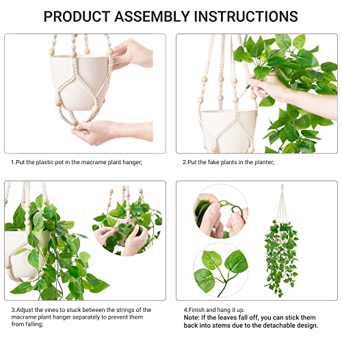Mkono Fake Hanging Plant with Pot, Artificial Plants for Home Spring Decor Indoor Macrame Plant Hanger with Faux Vine Hanging Planter Greenery for Bedroom Bathroom Kitchen Office, Brown (Pothos) - color: Brown