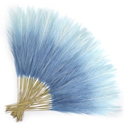 TORONTOKYO Light Blue Pampas Grass Decor, 50Pcs 21.6 inch Artificial Faux Pompas Grass Small Fluffy Arrangement for Wedding Boho Home Decor Vase Filler - color: Blue Gradient, size: 21.6inch-50Pcs