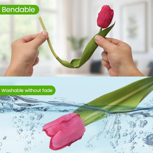 Artificial Tulips - 20 Stems Real Touch Realistic Fake Tulip Flowers Premium Silk Feel UV-Resistant Anti-Fade Waterproof Lifelike Tulips for Home Decor, Wedding Party DIY (Light Pink & Fuchsia) - color: Light Pink & Fuchsia