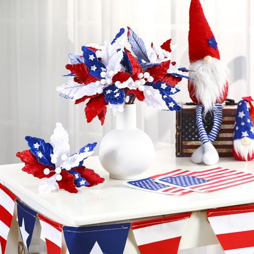 Giegxin 8 Pcs 8'' July 4th Red White Blue Flowers Patriotic Artificial Poinsettia Stems 250th Velvet Red White Blue Ornaments Fold Floral for Holiday Patriotic Party 4th of July Decorations - color: Red White Blue