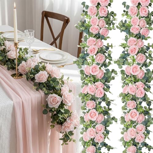 Riceshoot 6 Pcs 26 ft Artificial Eucalyptus Vines Garland with Flowers Faux Floral Greenery Garlands Rose Wreath for Wedding Party Arch Table Decor Backdrop Decorations (Pink) - color: Pink